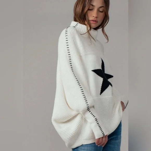 ALPS White Turtleneck Sweater with Black Star and Stitching Size Small - Picture 3 of 3